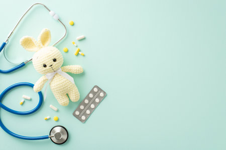 Kids' wellness concept. Top view picture featuring stethoscope for medical check-ups, blister pack of pills, numerous scattered medications, bunny on light blue backdrop with empty area for text or adの写真素材