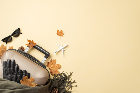 Autumn elegance boarding plane. Top view of aircraft, adorned with chic autumn accessories: cat-eye shades, woolen scarf, leather gloves, suitcase, leaves on yellow backdrop, space for text or advertの写真素材