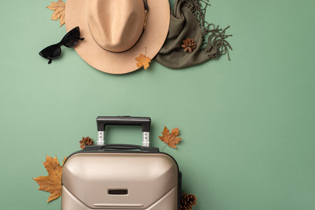 Vintage autumn allure: Top-down view of a retro-inspired fall outfit with a cloche hat, cat-eye sunglasses, plaid shawl, suitcase, autumn foliage, and pine cones on muted green backgroundの写真素材
