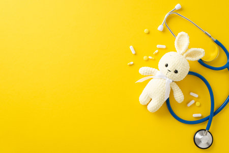 Pediatric healthcare theme. Overhead shot of a stethoscope, indicative of medical checkups, a lot of pills, scattered medications, a knitted bunny toy on a yellow backdrop with room for text or adsの写真素材