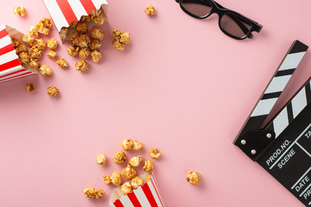 Cinema time with buddies: Top view of popcorn boxes, 3D glasses, and a clapperboard on pastel pink, leaving space for your text or promoの写真素材