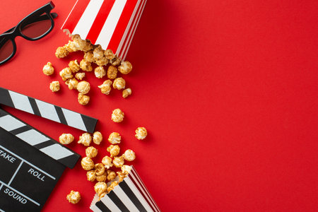 Blockbuster with Buddies: top view of cheese and caramel popcorn, 3D glasses, and a clapperboard on a red background, creating the perfect atmosphere for a movie night among friendsの写真素材