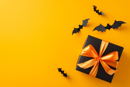 Share Halloween happiness with thoughtful gifts. Above shot captures woman's hands holding a black present box with a bow and paper bats on orange isolated background, with copyspace for ads or textの写真素材
