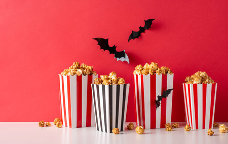 Get ready for a spooky movie night with friends! Side view of themed decor, such as flying bats and lot of popcorn boxes. Perfect for a Halloween horror movie premiere promo against a red wallの写真素材