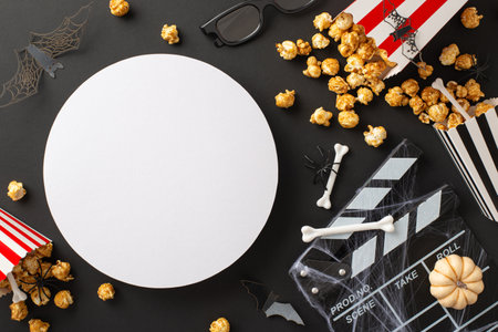 Experience Halloween thrills with hair-raising horrors. Top-down image featuring cinematic and eerie decorations against a black backdrop, presenting copious space for promotional content or textの写真素材