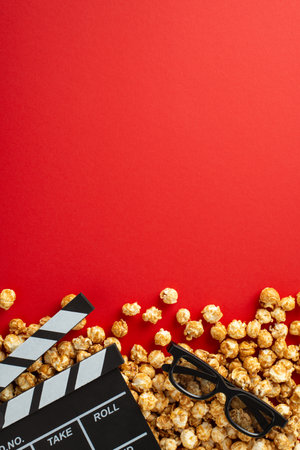 Vertical top view of vibrant red background adorned with popcorn, 3D glasses, and a clapperboard - a perfect canvas for your movie-themed text or promotional materialの写真素材