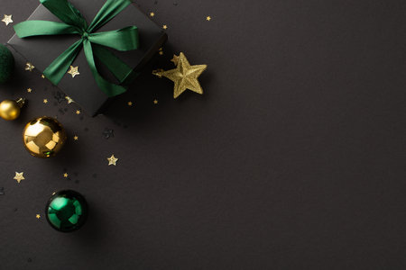 Embrace the New Year with luxury and elegance, as top-view shots capture black giftbox adorned with green ribbon bow, gold and green baubles, star ornament, confetti, set against chic black backdropの写真素材