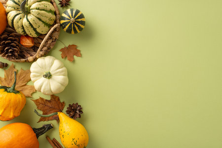 Glimpse from top view at Thanksgiving representation: plentiful crop, uncooked pattypans laid in rustic basket, pepper, cinnamon, foliage, pine cone, anise on muted green, space for text placementの写真素材