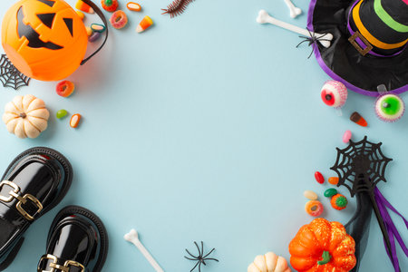 Kid-friendly Halloween celebration idea. Top-down view image showcasing sweets, youngster's costume components, and eerie decorations on a blue isolated surface, perfect for ads or text placementの写真素材