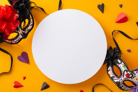 Dia de los Muertos celebration inspiration. High-angle image of a beautifully adorned traditional mask set amidst festive decorations on bright yellow isolated background, ideal for text or marketingの写真素材