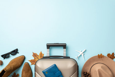 Your autumn journey, your elegance. Top-down view featuring a gray suitcase with passport, trendy boots, chic sunglasses and felt hat on light blue isolated backdrop, ready for your travel messageの写真素材