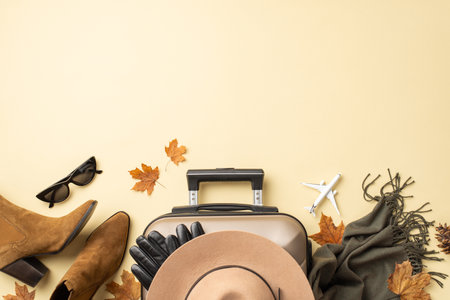 Taking flight in autumn style. Top-view photo of small plane, sophisticated fall items such as felt fedora, retro sunglasses, warm scarf, ankle boots, suitcase and more on yellow backdrop space for adの写真素材