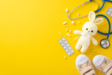 Illustration of children's healthcare. Top view stethoscope for doctor's check-ups, pills in blister packaging, assortment of medicines, delightful toy, sneakers, yellow surface, space for text or adの写真素材