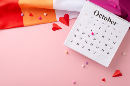 Commemorate International Lesbian Day with top-view snapshot of a Lesbian Pride flag, heart motifs expressing emotions, October calendar on a soft pink surface, perfect for adding your text or advertの写真素材