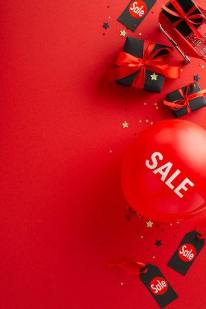 Grand market opening for Black Friday: Top view vertical photograph showcasing black gift boxes, "sale" balloon, price tags, pushcart, star confetti on red background with room for promotional textの写真素材