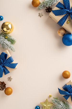 Alluring Christmas wonder: overhead vertical shot captures beauty of decorative gift boxes, dazzling baubles, pine cones, frost-dusted fir twigs on neutral background. Ideal for your seasonal messagesの写真素材