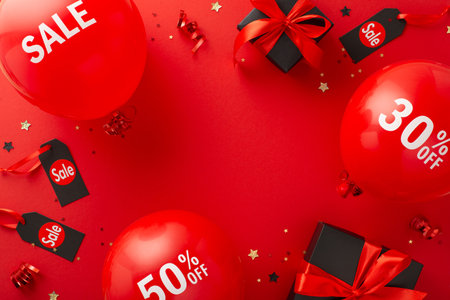 Christmas Bargain Hunt: Top view of ebony gift boxes tied with crimson bows, "sale" balloons, percentage symbols, price labels, serpentine, confetti on a scarlet background. Space for advertising copyの写真素材