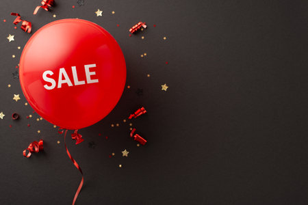 Black Friday savings: Overhead shot of red "sale" balloon, serpentine, and star-shaped confetti on a black backgroundの写真素材