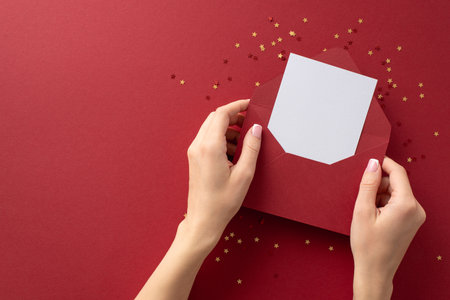 Graceful celebration scene. First person top view of girl's hands cradle open crimson envelope with a heartfelt letter amidst confetti on a rich marsala backdrop. Ample room for your message or promoの写真素材