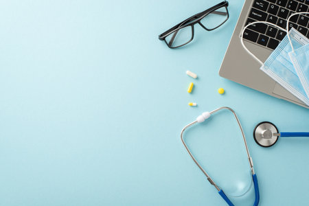 Modernize your medical experience online. Top view of a laptop, stethoscope, eyeglasses, pills, and face masks on a pastel blue background, ready for your brandingの写真素材