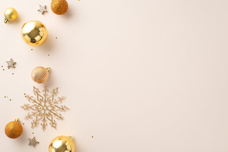New Year Wishes! Top-view photo of chic tree decorations, golden ornaments, sparkling stars, snowflakes, sequins on a gentle pastel base, awaiting your message or advertisingの写真素材