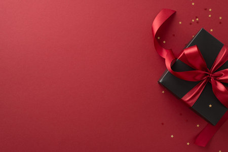 Festive Black Friday surprise! Top view black gift box, adorned with vibrant red ribbon, surrounded by golden star-shaped confetti, set against rich marsala backdrop. Ideal for your Black Friday dealsの写真素材