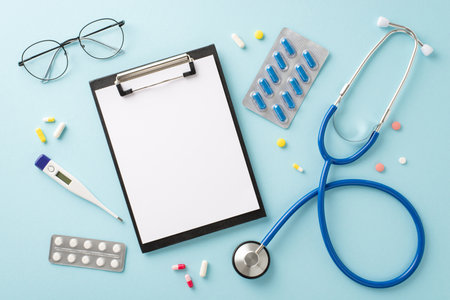 Doctor's Kit: Top-view shot of a stethoscope, medical clipboard, eyeglasses, thermometer, a lot of pills, against a pastel blue background. Space for your text or adの写真素材