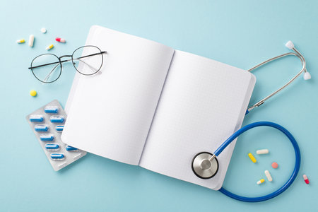 Health Checkup Array: Stethoscope, open copybook, glasses, scattered pills arranged on a soothing blue background for your customizable text or adsの写真素材