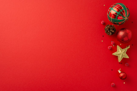 Cheers to a fabulous New Year! Top view shot of stylish tree decorations, assorted baubles, sparkling star, mistletoe berries, confetti and an open space for your greeting or advertisementの写真素材