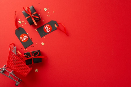Cyber Monday amazing deals idea. Overhead shot of gift boxes tied with red bows, flying out from shopping cart, price tags, and star-shaped confetti on a vibrant red backdrop for your promo messageの写真素材