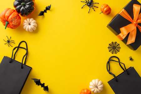 Spiders, bats, and savings, oh my! Top view shot of paper bags, trendy packed giftbox, pumpkins, spiders, cobweb, bats on yellow scene. Space for your messaging or promotionの写真素材