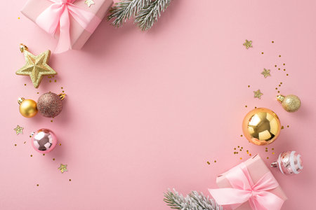 Luxurious Festive Atmosphere inspiration. Top view of gift boxes adorned with bows, delightful tree decor, glimmering stars, sequins, frosty spruce branches on pastel pink backdrop for your text or adの写真素材