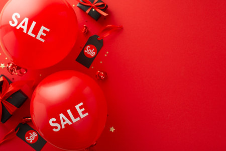 Black Friday kickoff event: Overhead view of black gift boxes, "sale" balloons, price tags, serpentine, and star confetti on a red backdrop, designed for promotional text insertionの写真素材