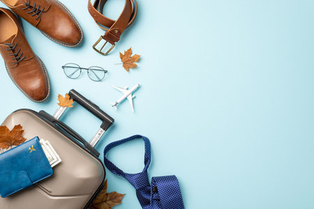 Autumn international business journey theme. Top view of airplane model, belt, fashionable shoes, travel bag, document holder, glasses, maple leaves on soft blue backdrop with space for text or promoの写真素材