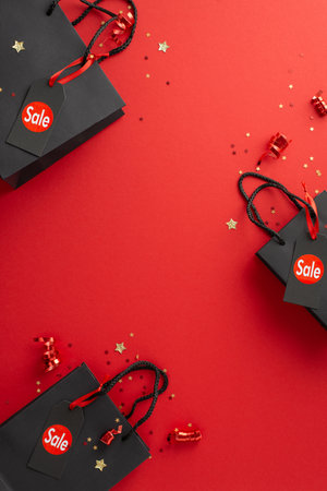 Bargain hunt on Black Friday! A top-down vertical view of stylish paper bags, sale tags, festive tinsel, and star confetti on a vibrant red surface, with space for your advertising textの写真素材