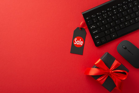Christmas gadget discounts concept. Overhead shot of black gift box with a red ribbon, high-end keyboard with a price tag, and a computer mouse against red background, perfect for promotional messagesの写真素材