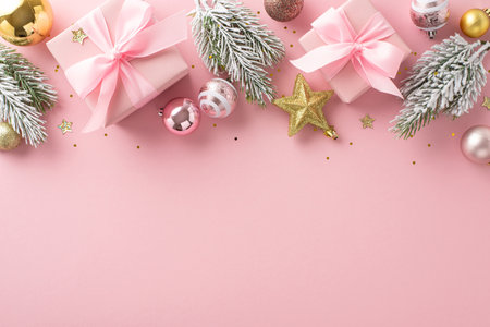 Chic Christmas Arrangement: top view of gift parcels, adorable holiday baubles, radiant star, confetti, fir branches covered in hoarfrost set on gentle pink backdrop. Ready for festive text or promoの写真素材