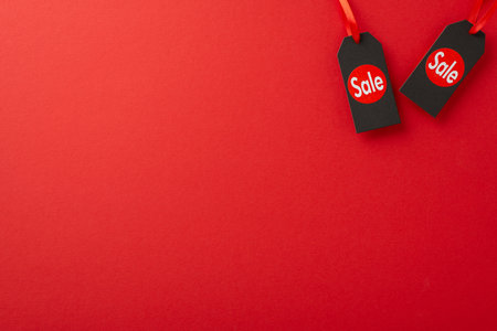 Economically-minded consumer Black Friday idea. Top view image of sale stickers on pricing tags against a bold red background, ready for promotional text or adsの写真素材