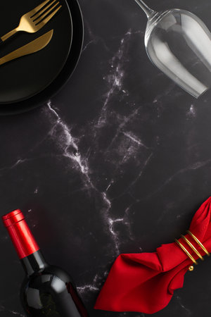 Gourmet Black Friday Savings: Overhead vertical shot of dishes, fancy gold utensils, red napkin in ring, wine bottle, glass on black black, text space marble includedの写真素材