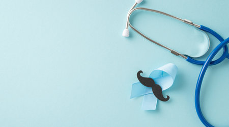 Support men's health month with a composition of blue ribbon, mustache silhouette, and a stethoscope for preventative health checks on a soft blue background, leaving space for text or advertisementsの写真素材