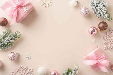 Whimsical Christmas Setting: top view of pink gift boxes, lovely holiday ornaments, glaming stars, icy snowflakes, frosted pine branches on neutral base. Plenty of room for your festive text or adの写真素材