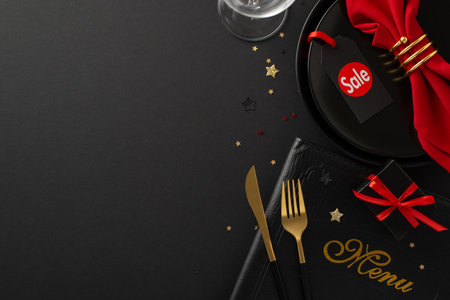 Restaurant Black Friday bargain scene. Top view of dishes, "sale" label, utensils, red napkin and holder, ordering menu, wine glass, glitzy confetti and giftbox on black background, text or promo roomの写真素材
