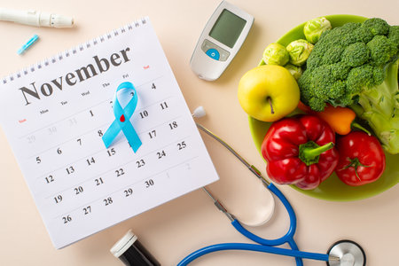 Scheduled diabetes check-up during Diabetes Awareness Month. Top view of calendar adorned with diabetes emblem, glucometer kit, stethoscope, plate with vegetables and fruits on a pastel beige backdropの写真素材