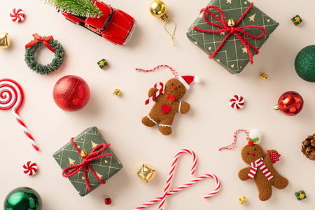 Whimsical New Year's Setup. Top-view shot of gifts sporting rustic bows, mingled with balls,...