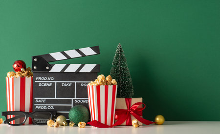 Exclusive film premiere with selectable treats theme. Side view shot of table with movie clapper, gift, popcorn with ornaments and more on green wall backdrop with space for movie advert or promotionsの写真素材
