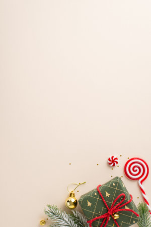 Captivating New Year creativity. Top view vertical shot capturing giftbox with rustic bow, gold ball, bells, lollipop, frosty fir and glitter on neutral backdrop, with ample space for your text or adの写真素材