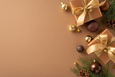 Welcome holiday spirit with touch of sophistication. Top view exquisite gifts with golden bows, balls, cones, white cedar on plush brown backdrop. Delightful space for holiday wishes or promo contentの写真素材