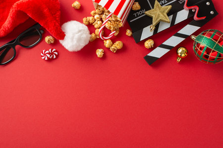 Seasonal Cinema Delight: Top view shot of a movie clapper, 3D glasses, scrumptious popcorn in a striped box, Santa's hat, baubles, star, candies on a red backdrop with empty space for textの写真素材