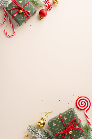New Year celebration idea. Top view vertical shot of green gift boxes, ornaments, jingle bells, candy canes, lollipop, frosted fir branches and sequins on light backdrop with space for text or advertの写真素材