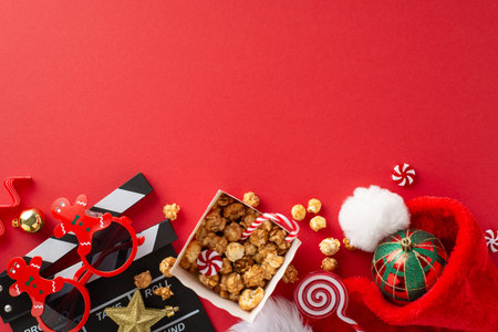 New Year's premiere suitable for families and children. Top view of film clapper, gingerbread man-style party glasses, delectable popcorn, Santa's hat, ornaments, sweets on red backdrop with room for textの写真素材